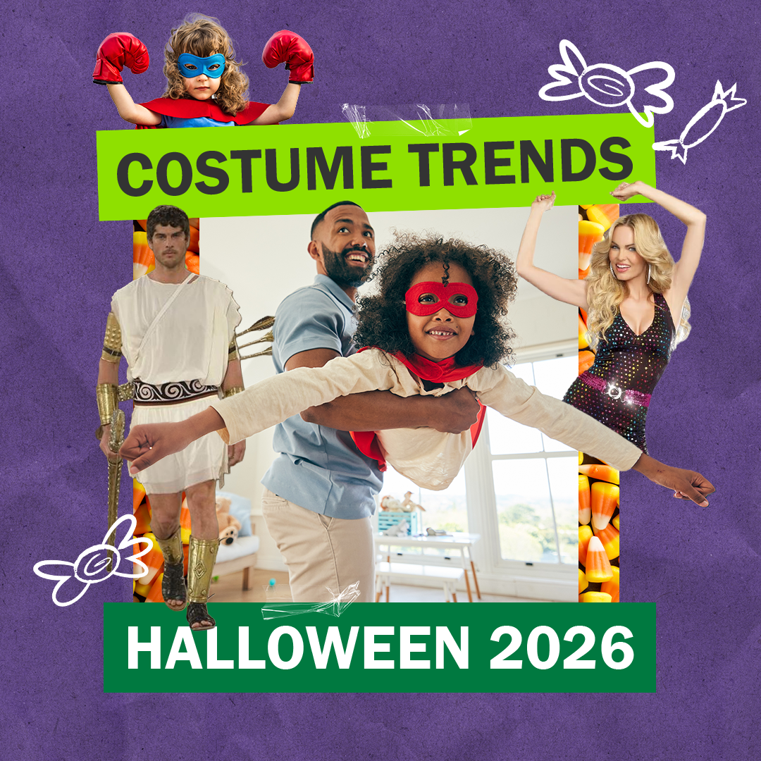 "Costume Trends 2026" Purple background with photos of kids and adults in halloween costumes. Doodle images of halloween candy surround the photos.