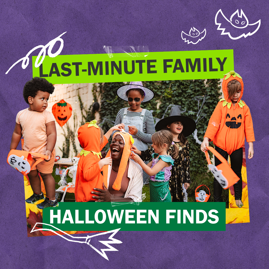"LAST-MINUTE FAMILY HALLOWEEN FINDS" Purple background with white halloween doodles. Images of kid and family halloween costumes.