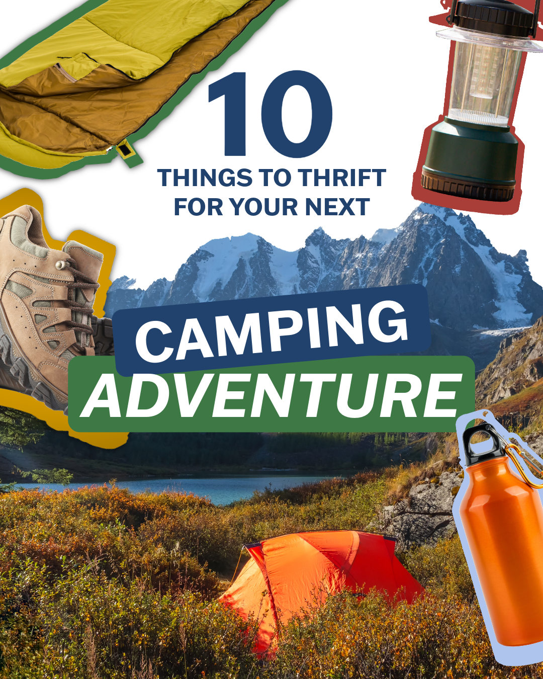 A collage image of camping item cutouts in front of a mountain landscape. The text reads "10 things to thrift for your next camping adventure"