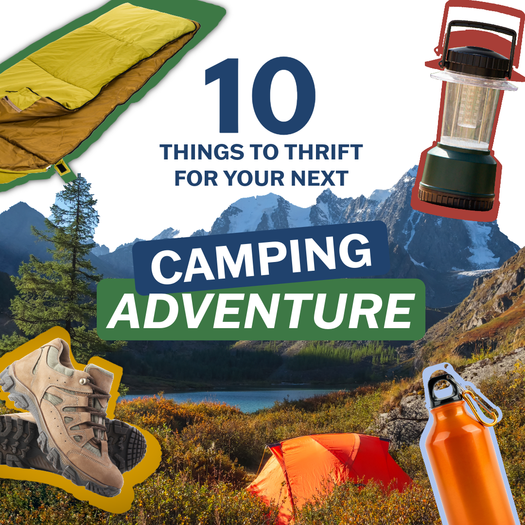 A collage image of camping item cutouts in front of a mountain landscape. The text reads "10 things to thrift for your next camping adventure"