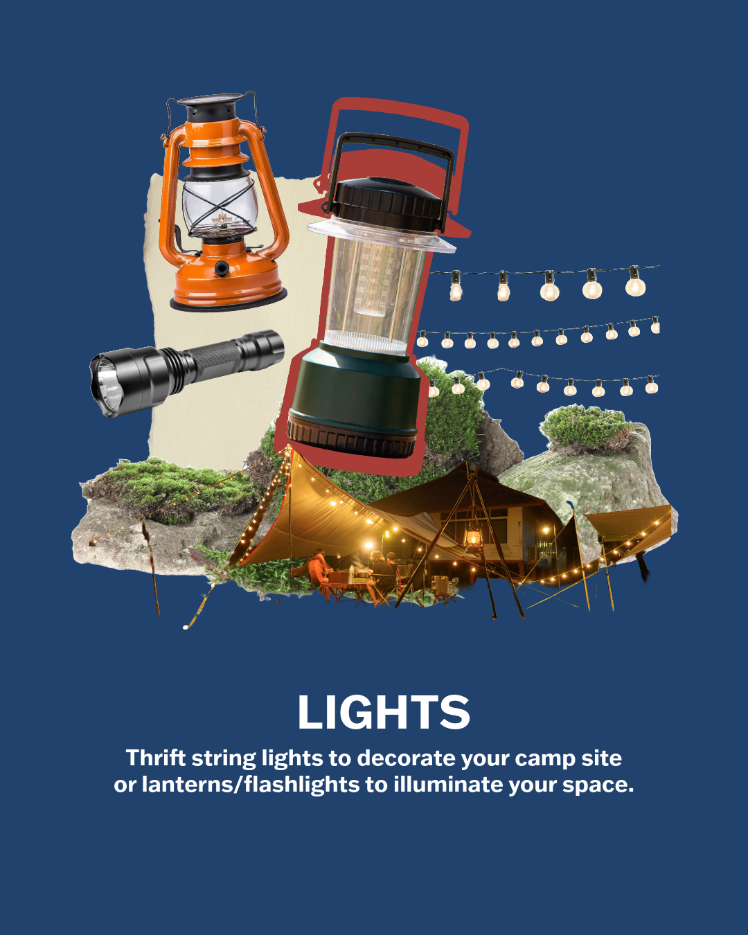 Collage of cutout images of lanterns, flashlights, string lights, and green foliage. There is a blue background. The text reads "lights: thrift string lights to decorate your camp site or lanterns/flashlights to illuminate your space."