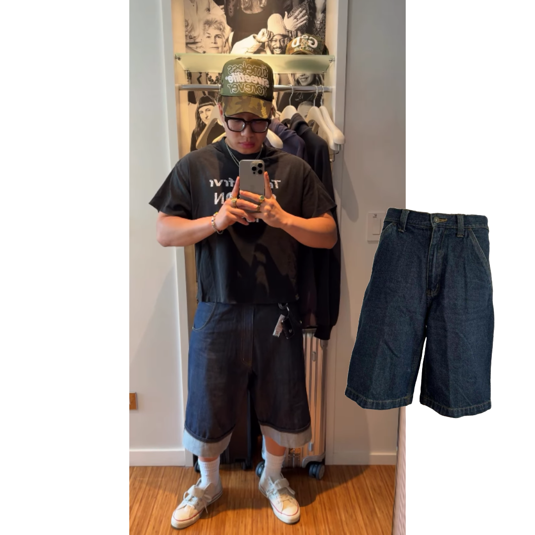 An image of influencer Duc Le posing in the mirror wearing a green camo trucker hat, a black tshirt, dark denimjorts, and white sneakers There is a cutout image of dark denim jorts.