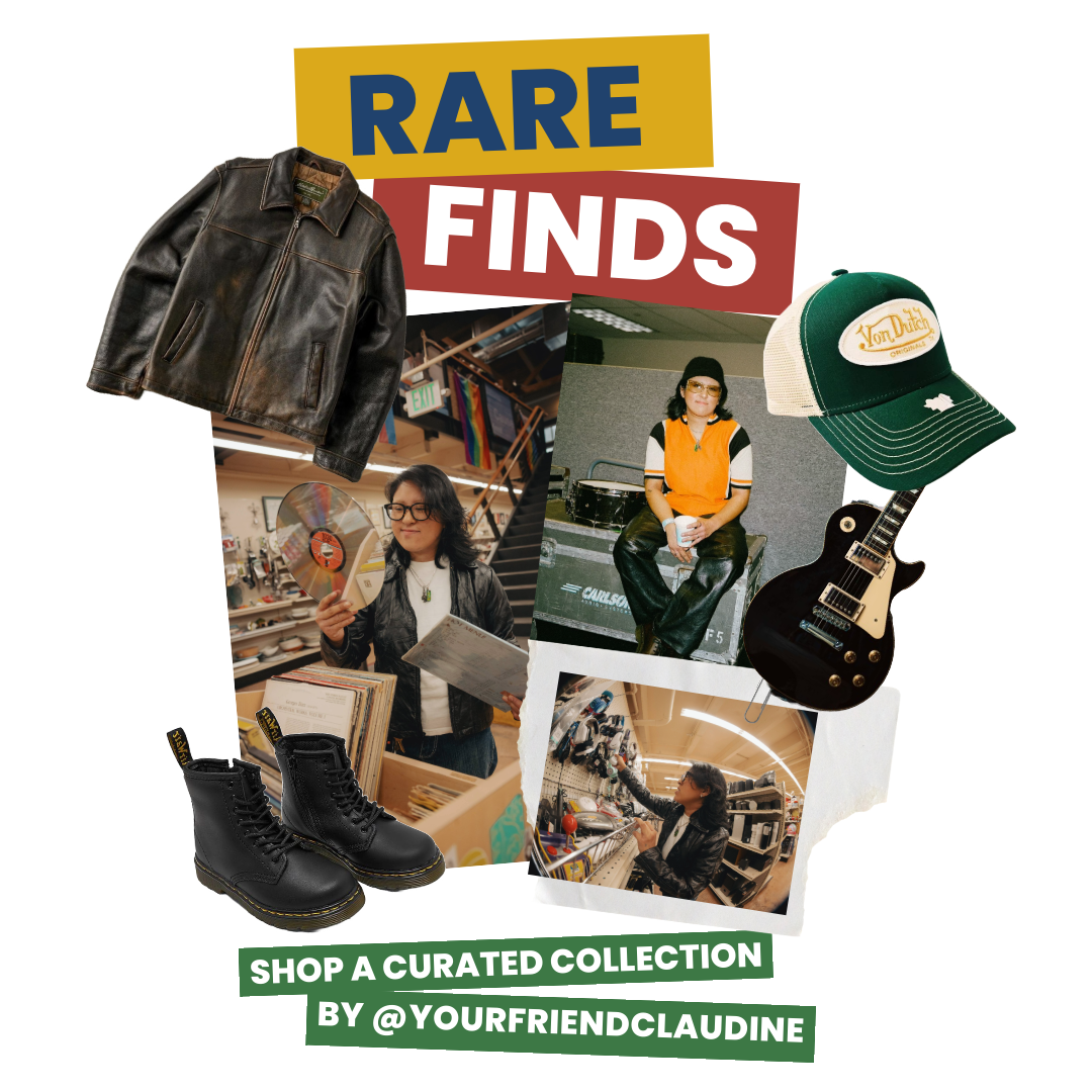 A collage of images of a person in the aisle of a thrift store, sitting on top of a table, and looking at vinyls in a thrift store. There are cutout images of a brown leather jacket, a green, cream, and yellow trucker hat, and a black pair of boots. The text reads "Rare Finds" and "shop a curated collection by @yourfriendclaudine"