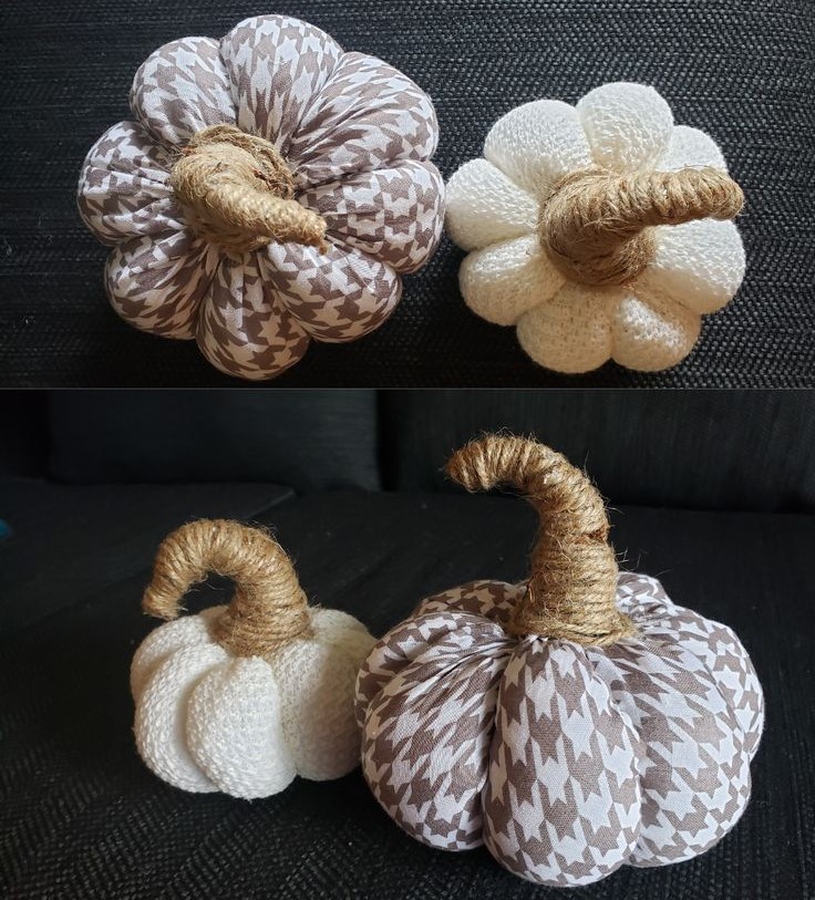 DIY Pumpkin decor. The pumpkins are white, and a white and brown houndstooth pattern. The stems are made of twine.