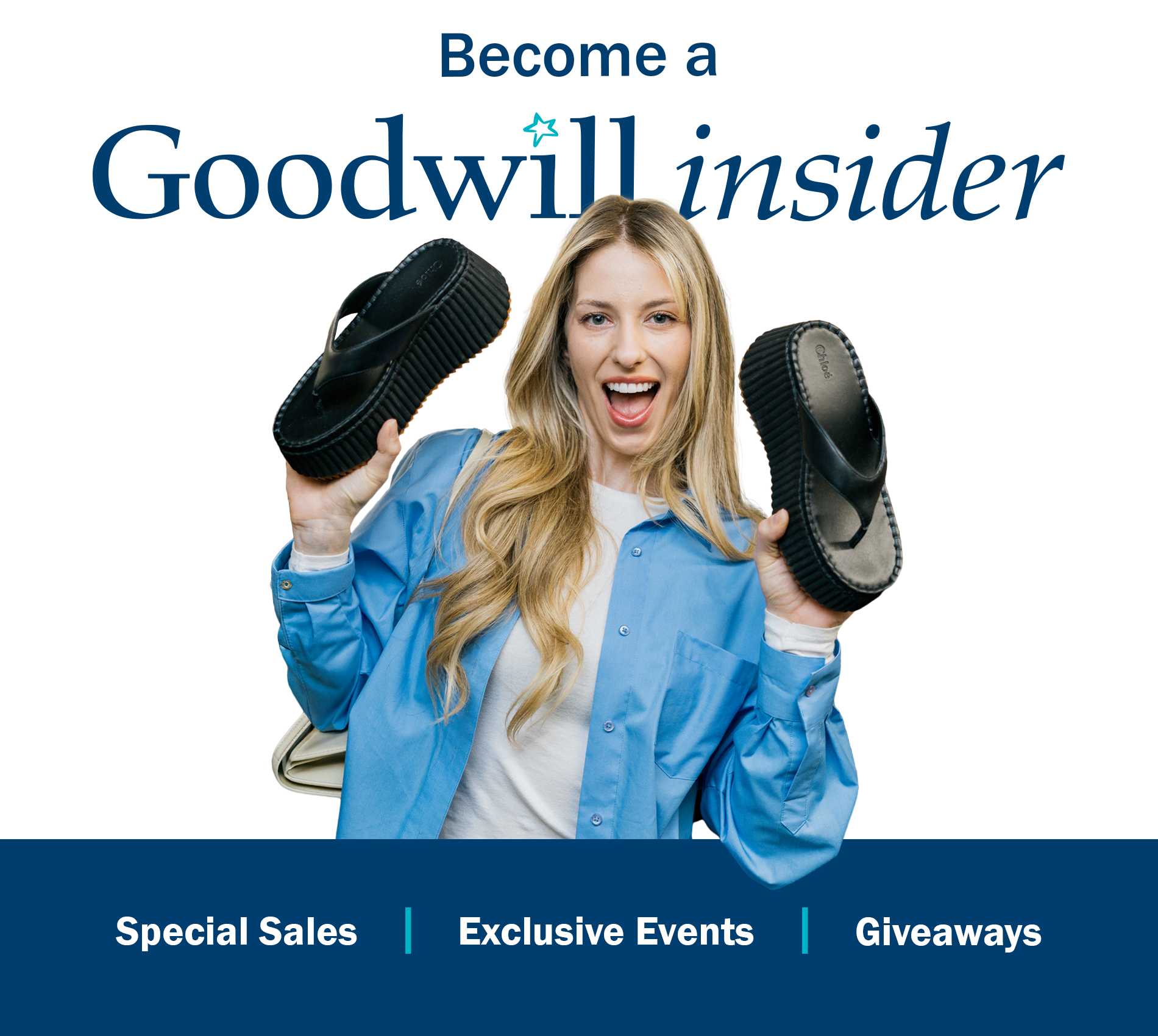 Image of a woman holding up a pair of sandals.