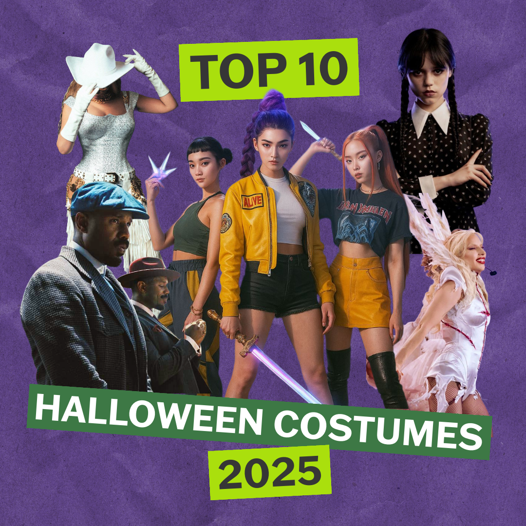 A collage of images including Wednesday Addams, K-Pop Demon Hunters, sinners movie characters, Beyonce for Cowboy Carter, and Lady Gaga. The background is purple and the text says "TOP 10 HALLOWEEN COSTUMES 2025"