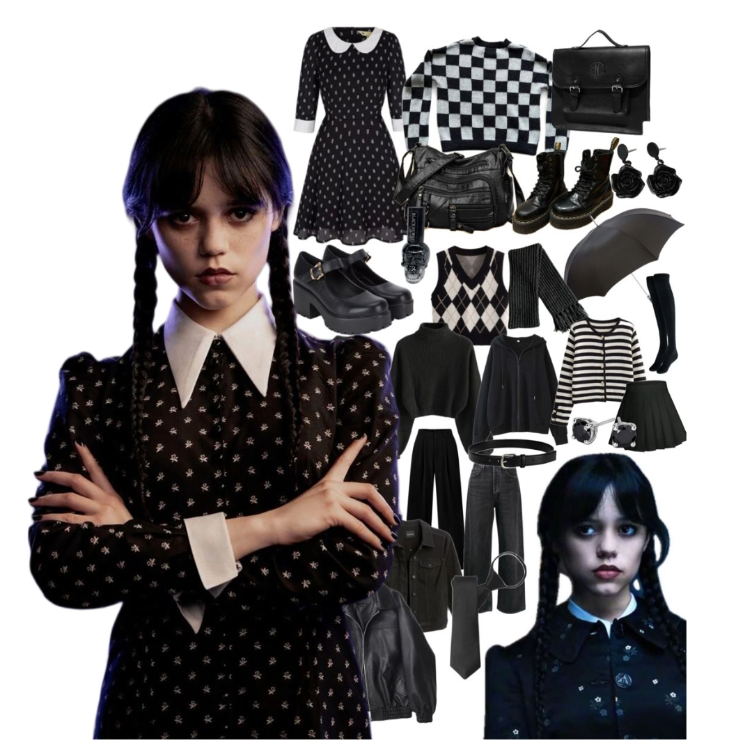 A cutout image of Jenna Ortega as Wednesday Addams posing with her arms crossed while wearing a black and white polka dot dress with a white collar. To her right there is a collage of black goth style clothing items, shoes, and accessories.