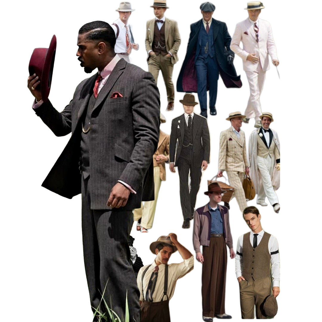 Cutout image of Michael B Jordan in the movie Sinners. He's wearing a tailored suit and is mid-putting on a red fedora. To his right there is a collage of cutout images of men wearing 1930s style tailored suits.