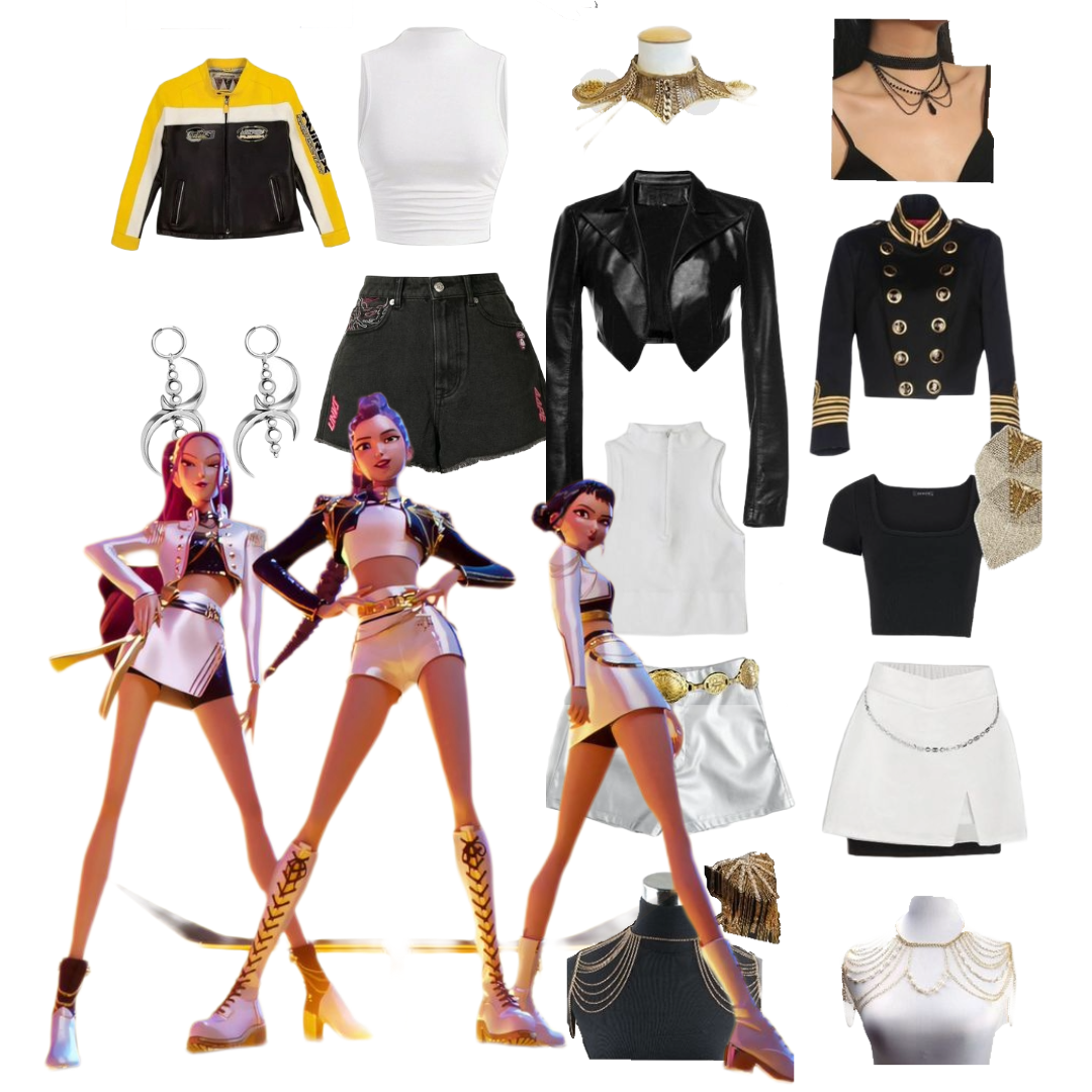 Cutout image of three main characters from K-Pop Demon Hunters movie. To the right of them there is a collage of outfits including silver and white shorts and skirts, black cropped tops and jackets, and black and gold jewelry and accessories.