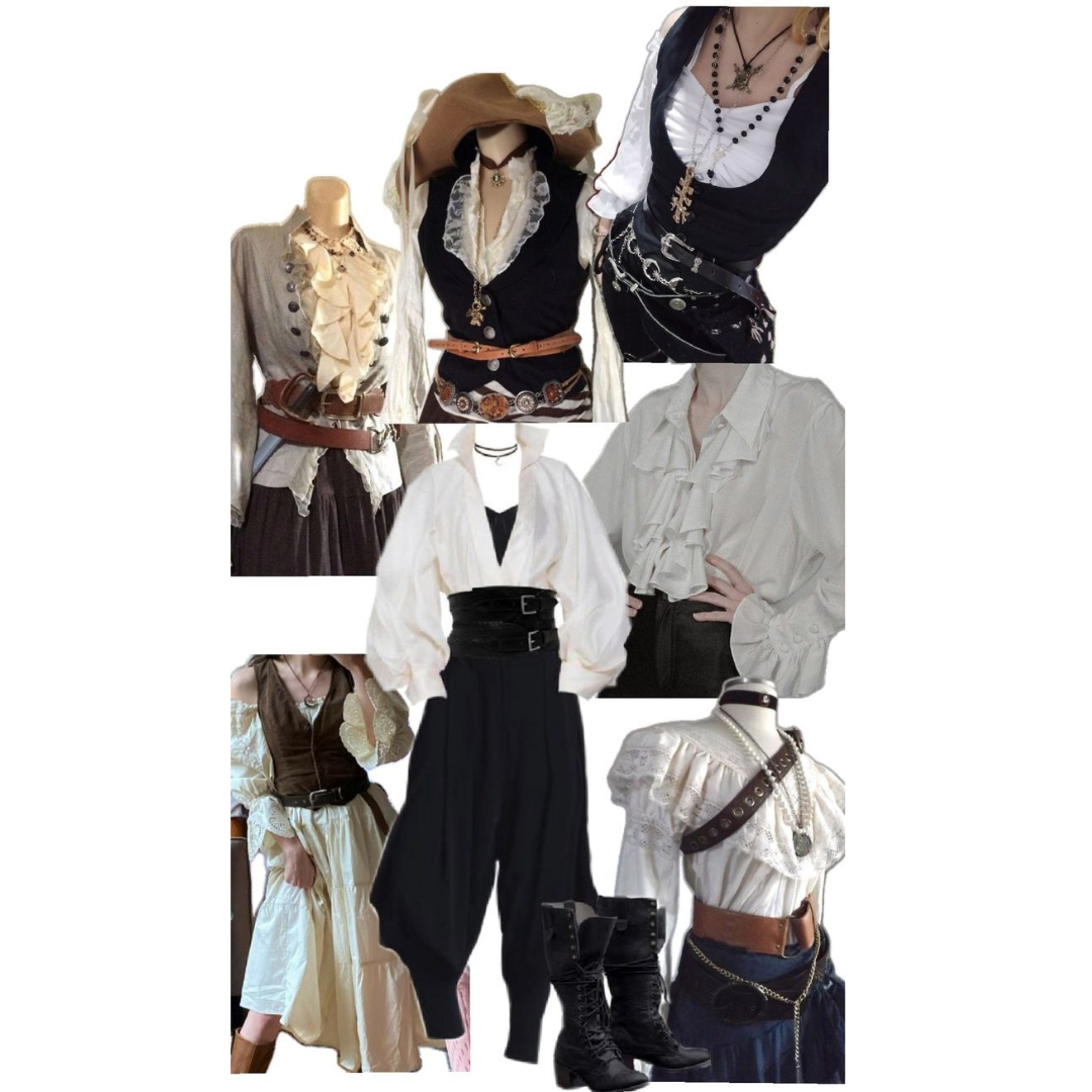 A collage of pirate-style outfits, including flowy white tops, brown belts, flowy white skirts, layered necklaces, black vests, black balloon pants, and combat boots.
