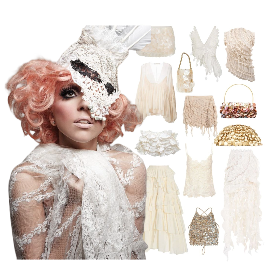 Cutout image of Lady Gaga with pink hair, a white lacy top, and a white lace head piece covering half of her face. To the right of her there are cutout images of flowy, white, lacy skirts and tops, and sequined mini purses.