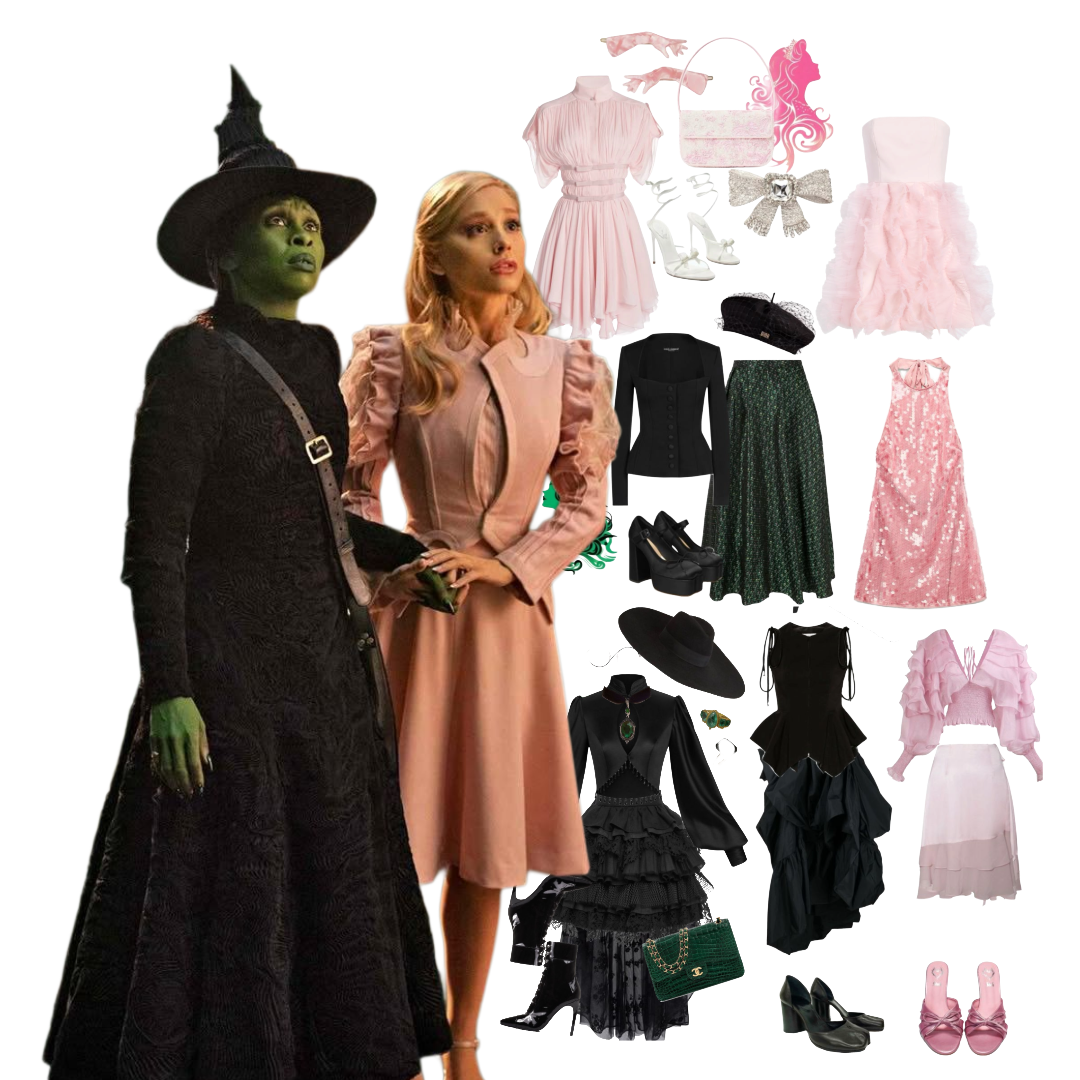A cutout image of Cynthia Erivo and Ariana Grande as Elphaba and Glinda from Wicked. To the right of them there is a collage of Glinda and Elphaba style costumes, include pink dress, skirts, and tops with glitter shoes & accessories, and black dresses, skirts, witch hats, and shoes.