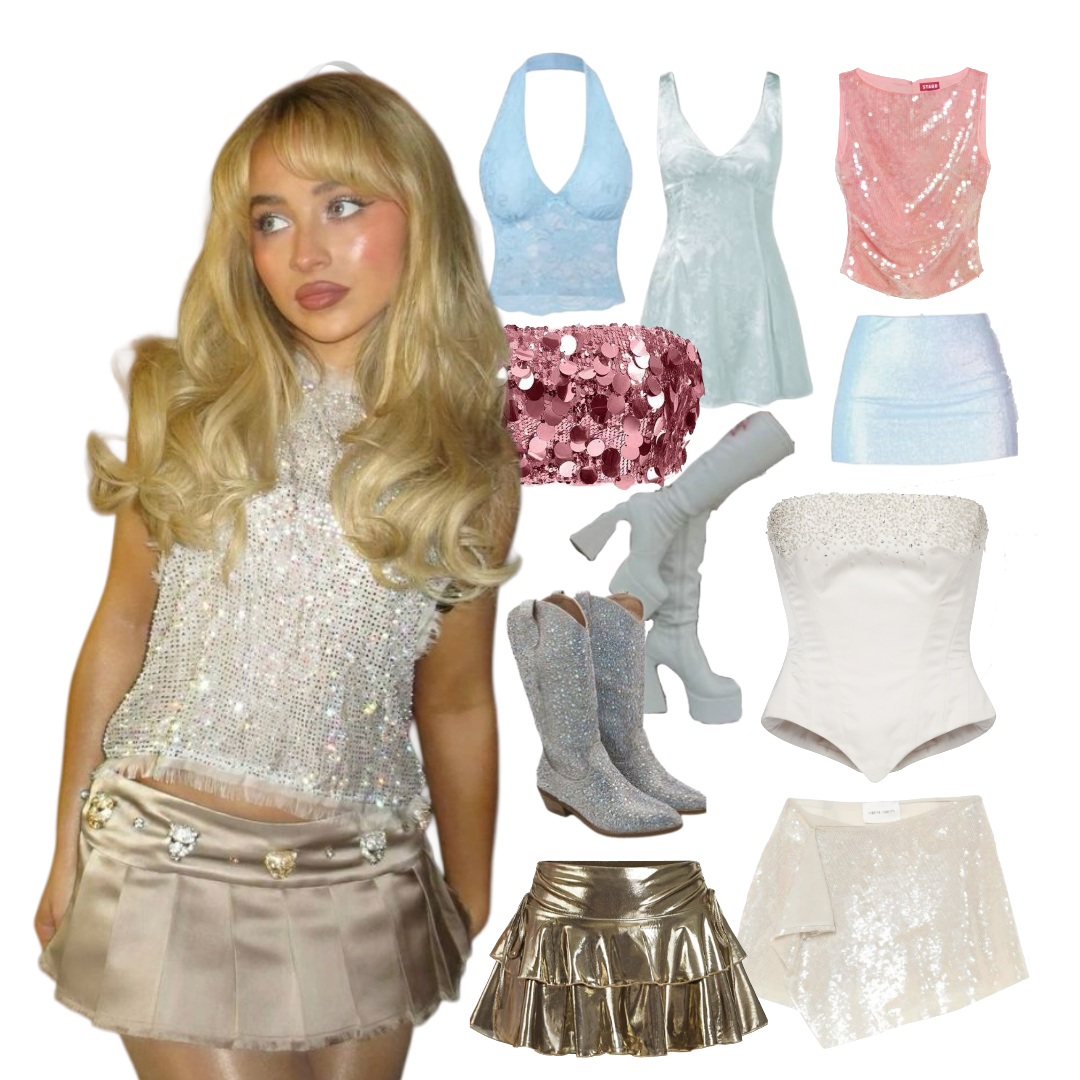 A cutout of Sabrina Carpenter in a sparkly white top and metallic skirt. To her right there are cutouts of mini skirts, corset tops, tank tops, and a mini dress in cream, pink, and baby blue colors.