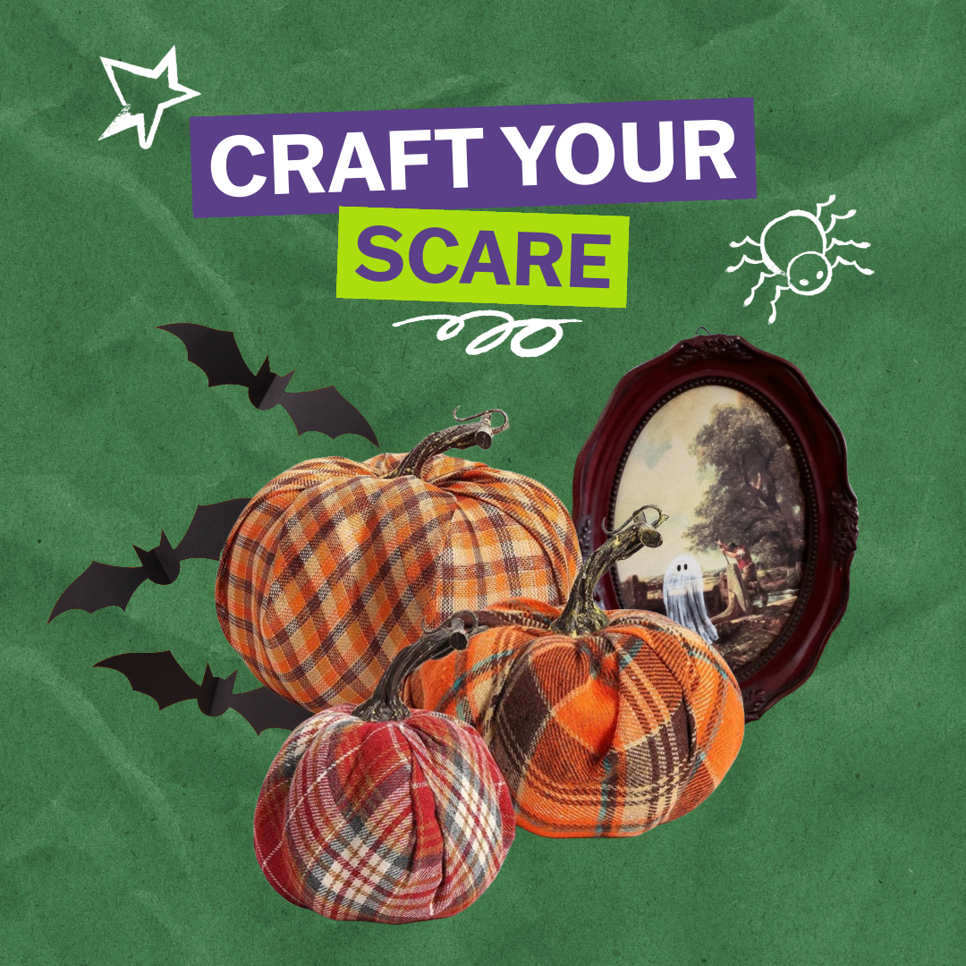 A collage of homemade DIY pumpkin decor, a spooky piece of art in a round frame, and three black bats.The background is green crumpled paper. The text reads "CRAFT YOUR SCARE". There are illustration icons of a star, a spider, and a squiggle under the word "scare"