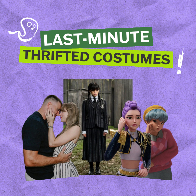 A purple crumpled paper background. header text reads "LAST-MINUTE THRIFTED COSTUMES" There are icons of a white ghost and exclamation mark. There are cutout images of Taylor Swift and Travis Kelce getting engaged, K-Pop Demon Hunters characters, and a photo of Wednesday Addams.