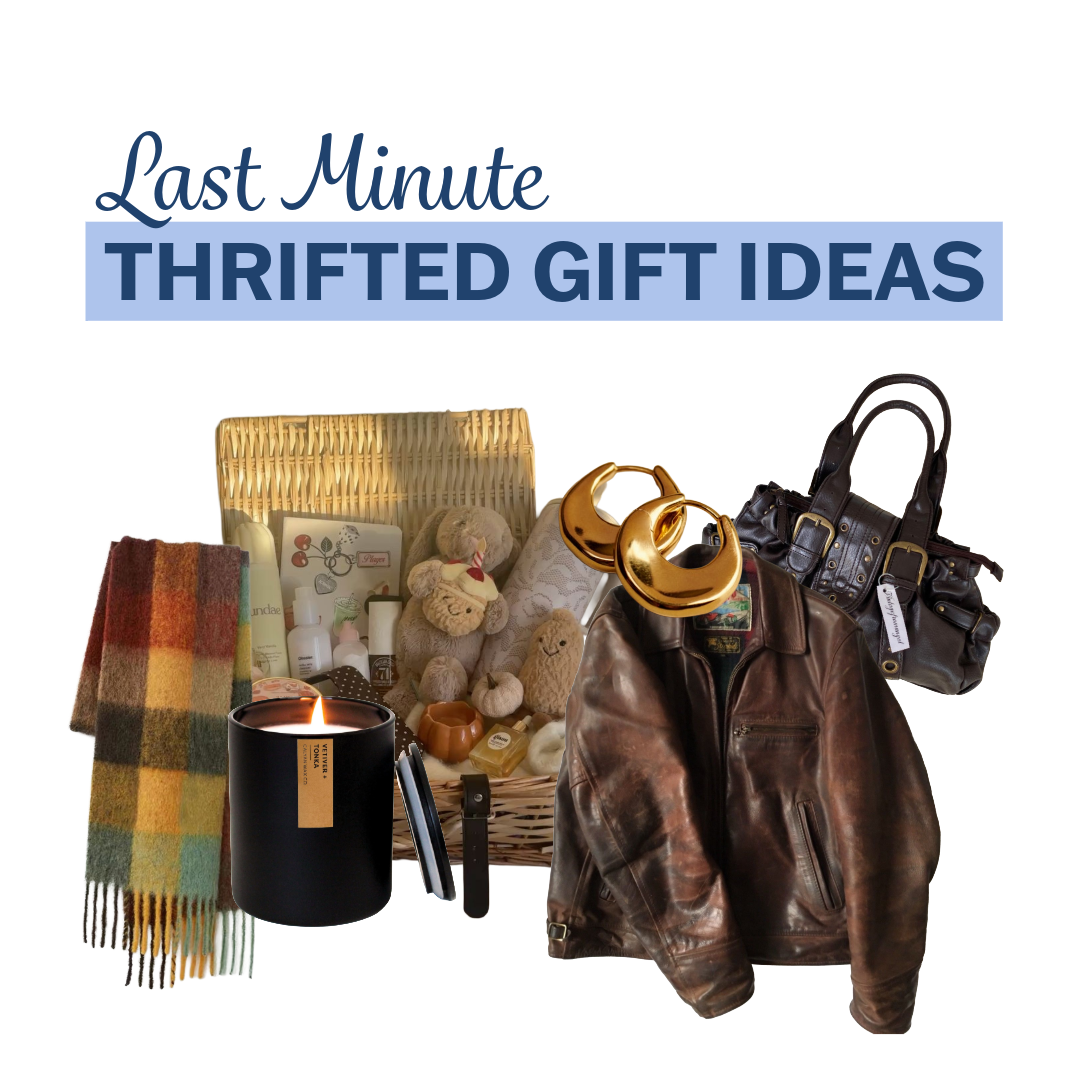 Text reads "last minute thrifted gift ideas". There is a collage of holiday gifts in the center, including a gift basket, scarf, candle, gold earrings, a purse, and a leather jacket.