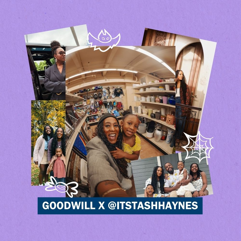 A collage of images of influencer Tash Haynes including pictures of her and her with her family. There are doodle images of a piece of candy, a spider web, and a bat. The background is light purple. The text reads "GOODWILL X @ITSTASHHAYNES"