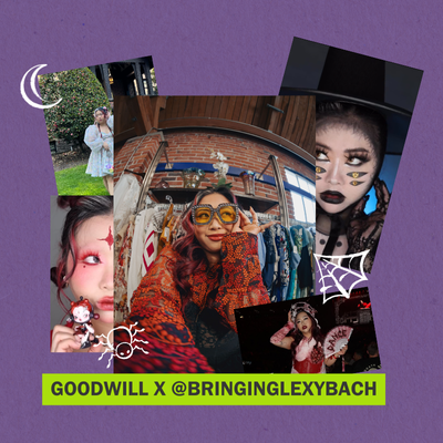 A collage of images of influencer Lexy Bach with different halloween costumes and makeup looks. There are doodle images of a crescent moon, a spider web, and a spider. The Background is purple and the text reads "GOODWILL X @BRINGINGLEXYBACH"