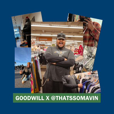 Collage image featuring a person smiling in a thrift store surrounded by images of clothing and outfits