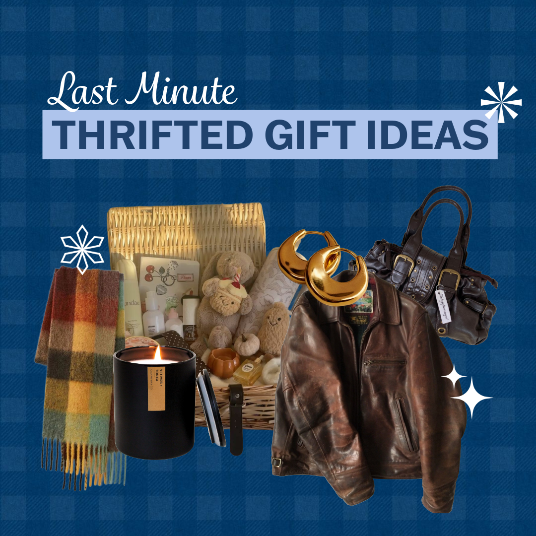Text reads "last minute thrifted gift ideas". The background is a blue plaid pattern and there is a collage of holiday gifts in the center, including a gift basket, scarf, candle, gold earrings, a purse, and a leather jacket. There are snowflakes and sparkles surrounding.