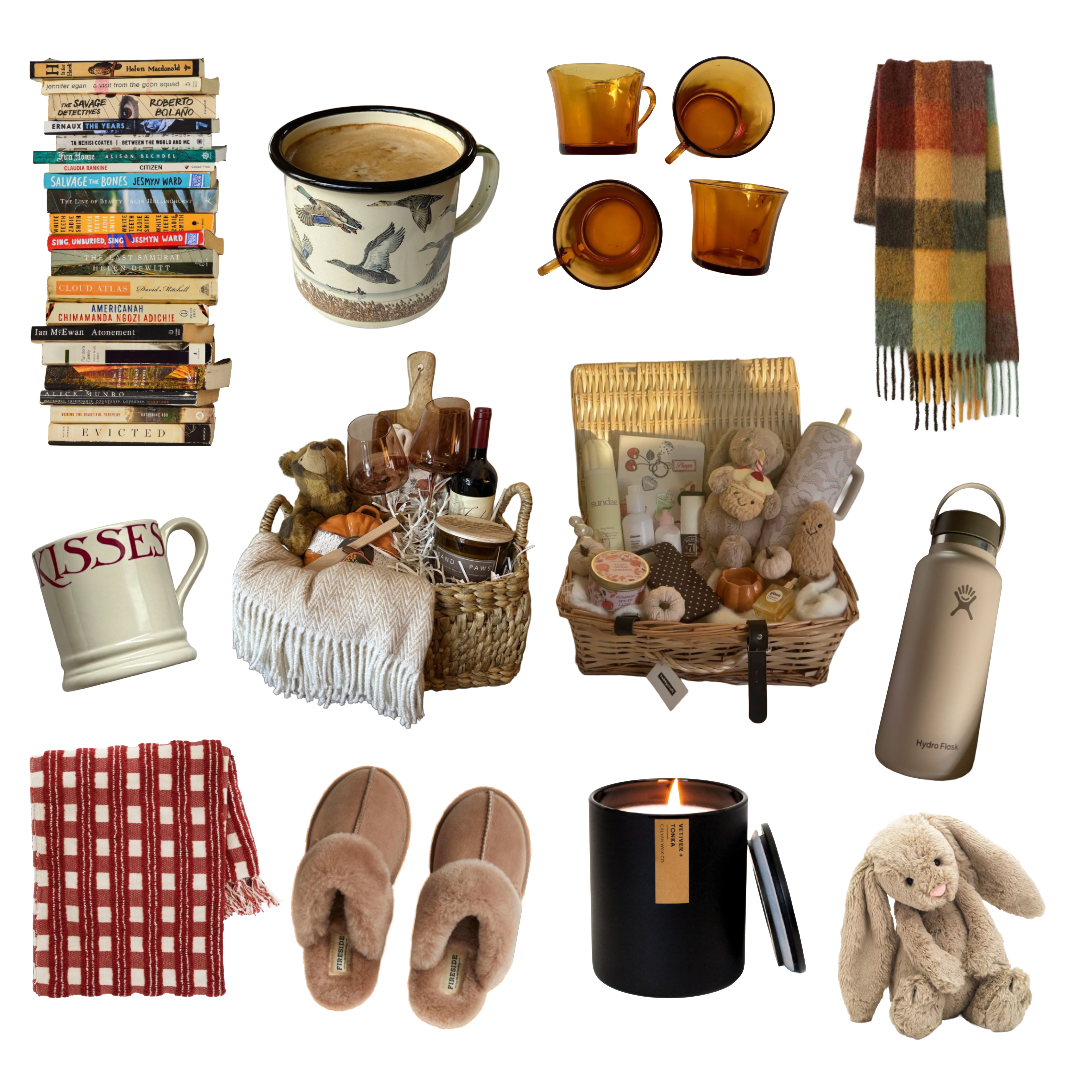 Cutout images of gift baskets, books, mugs and cups, scarves, candles, slippers, a stuffed animal, and a water bottle.