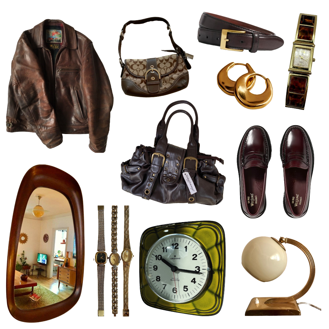 Cutout images off a leather jacket, vintage bags, watches, earrings, a belt, loafers, a mirror, a green analog clock, and a vintage lamp.