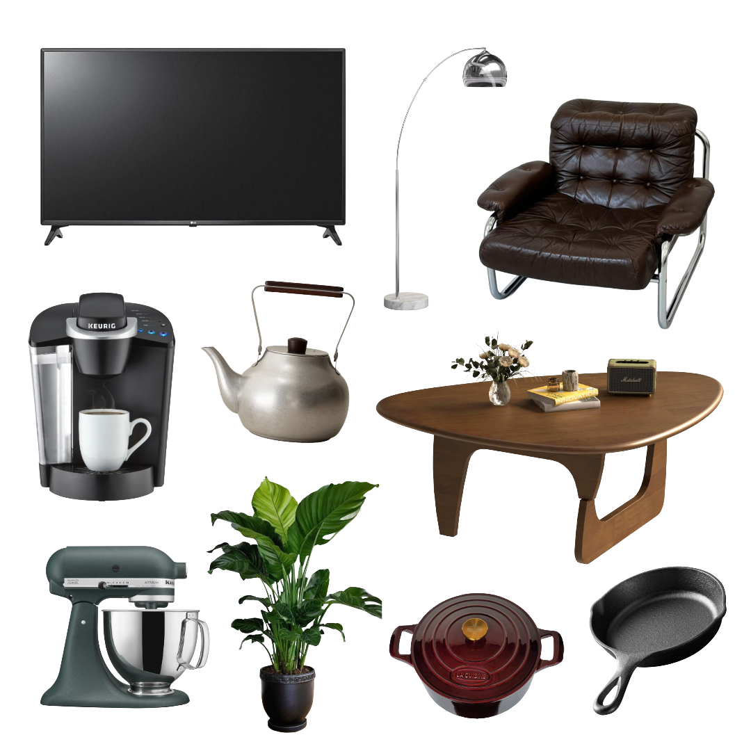 Cutout images of a flat screen TV, sofa chair, floor lamp, coffee table, Keurig machine, Kitchen Aid, tea kettle, house plant, cooking pot, and cast iron skillet.