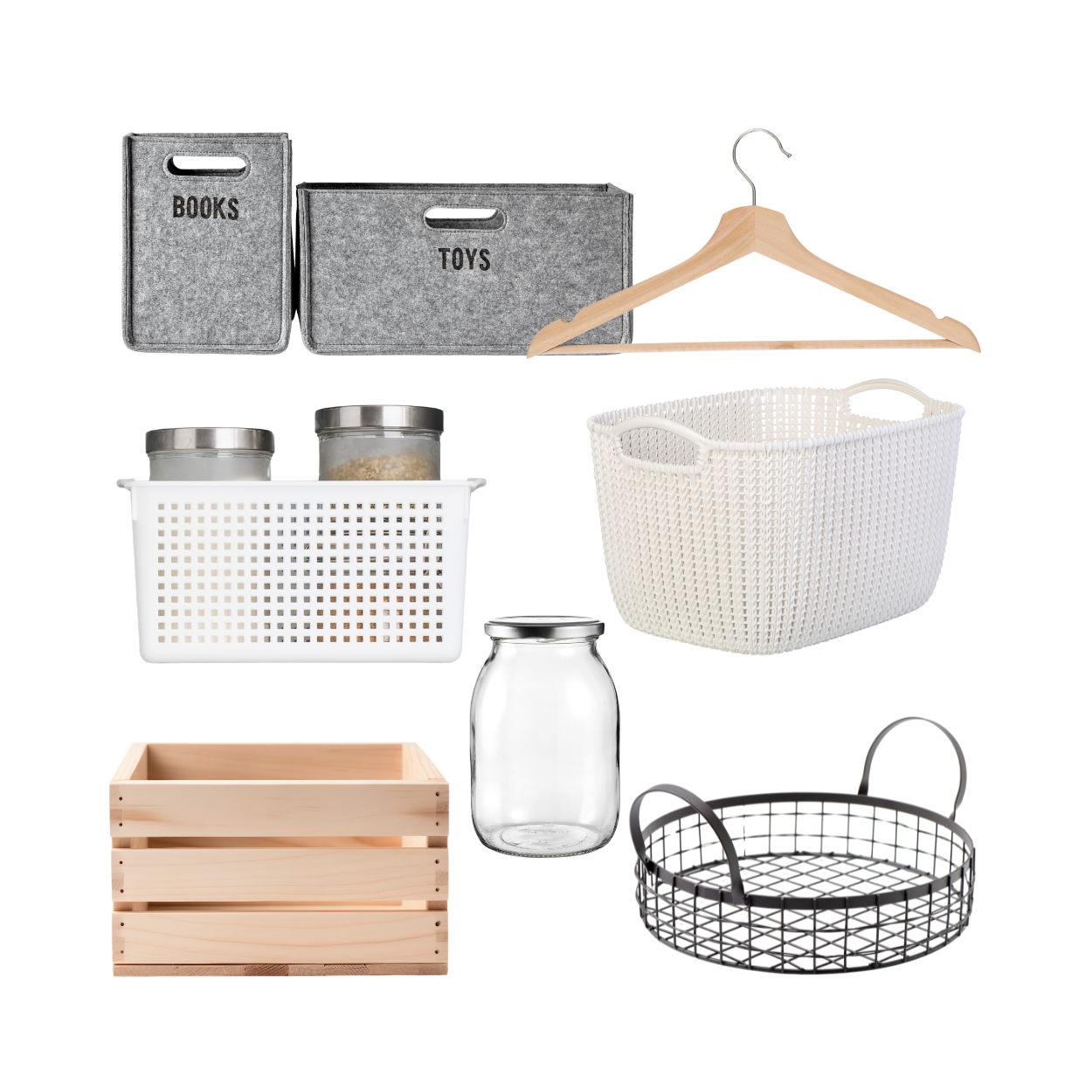 affordable organizational bins found at goodwill such as wood boxes, glass jars, and metal baskets 