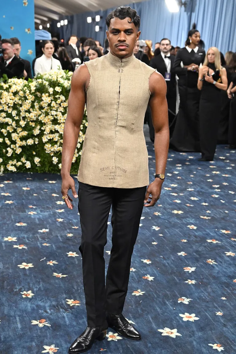 Image of actor Jeremy Pope wearing custom eBay tailored trousers at the Met Gala.