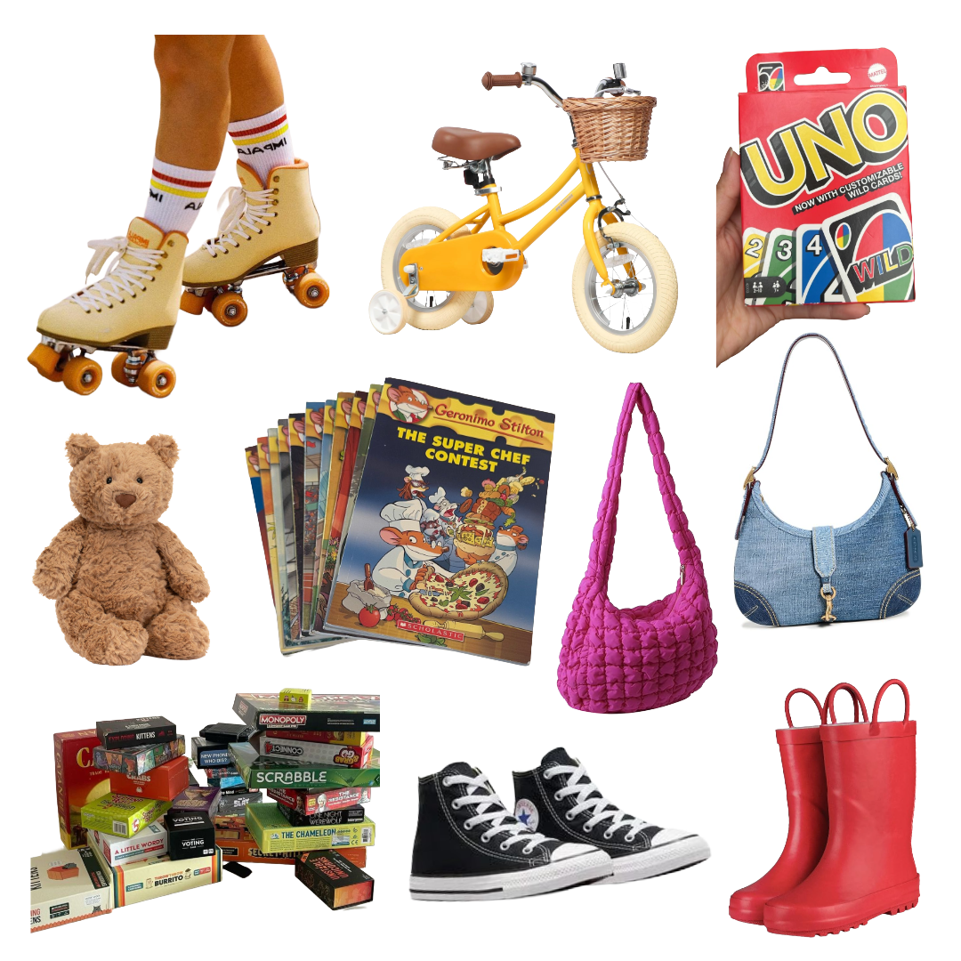 Cutout images of roller skates, kids books, a bike, purses, board games, uno, rain boots, and chuck taylor converse.