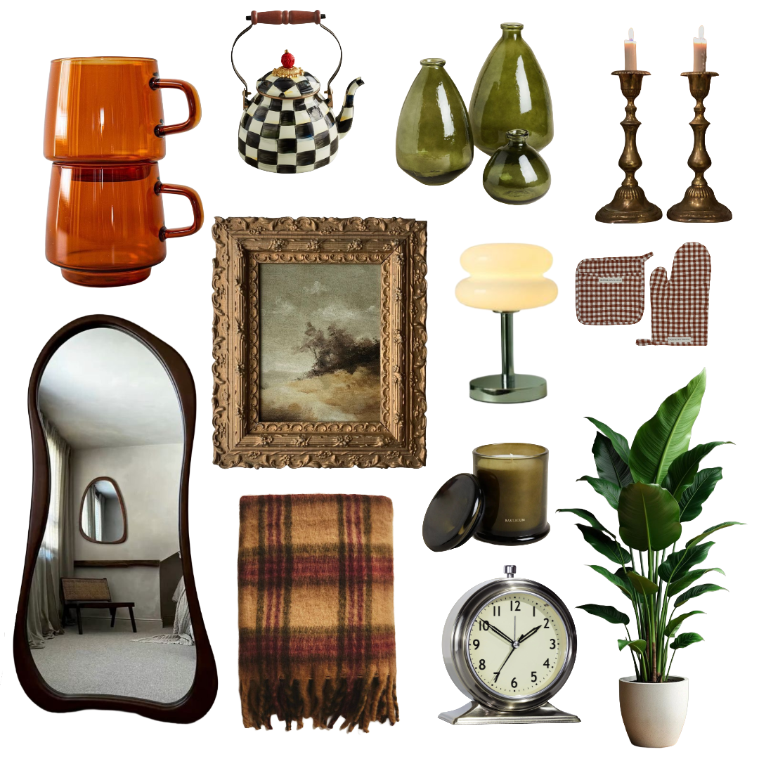 Cutout images of tinted glassware, a full body mirror, a painting, a brown plaid blanket, a silver analog clock, a large plant, candles, a lamp, and oven mitts.
