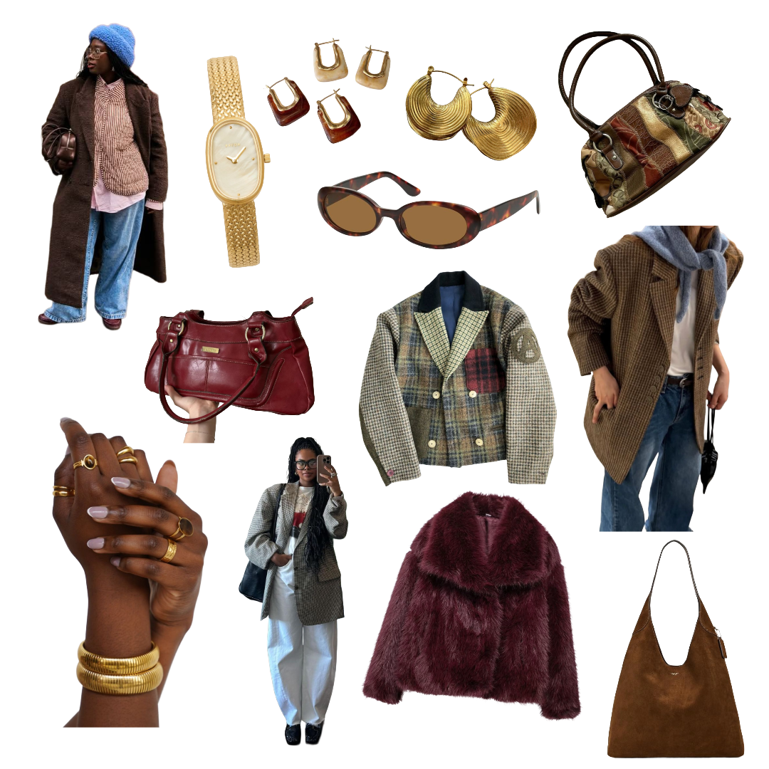 Cutout images of purses, jewelry, statement jackets, and women's layered outfits.