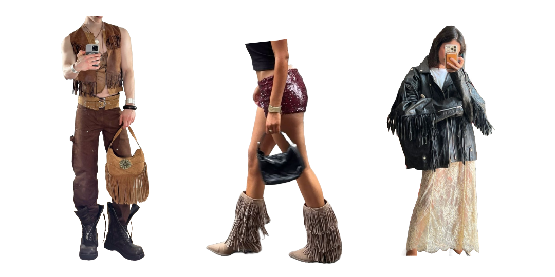 Cutout images of outfits including a guy with a brown fringe best, brown pants, boots, and a brown fringe bag, a girl with a lace white skirt with a black fringe jacket, and a girl with tan fringe boots with red shorts and a small black bag.