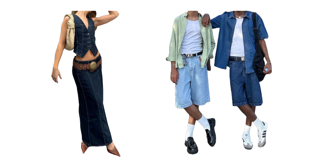 Cutout images of outfits including a girl with a dark denim vest and matching maxi skirt, and two guys with denim jorts, white shirts, and jackets.