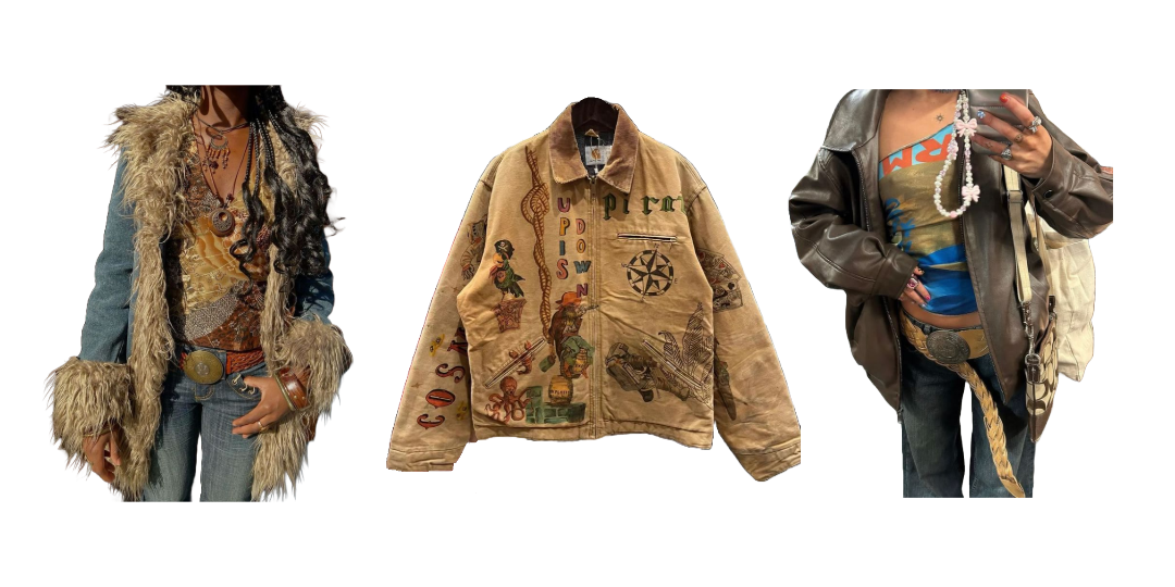 Cutout images of outfits includes a brown patterned shirt with a denim fur jacket, a tan utility jacket with colorful images, and a blue shirt with an oversized dark brown leather jacket.