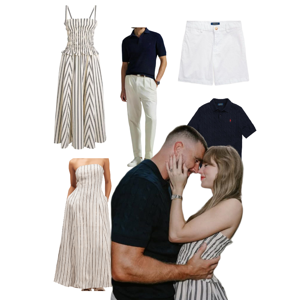 Cutout image of Taylor Swift and Travis Kelce getting engaged. Background is cutout images of striped black and cream dresses, blue polo shirts, and white pants and shorts.