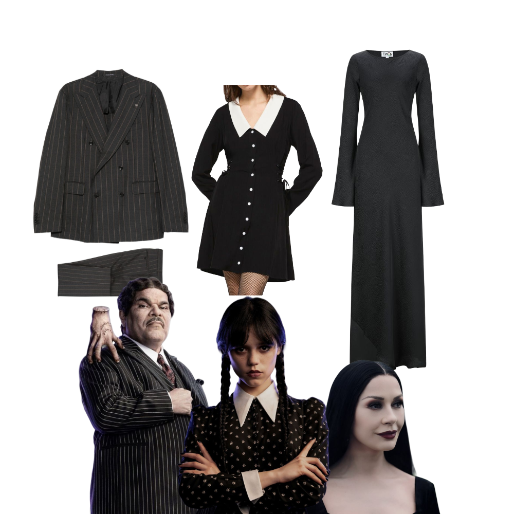 Cutout images of Gomez, Wednesday, and Morticia from the Addams family. Above each of them are a cutout of their respective outfit pieces, including a pinstripe suit, a collared black dress, and a long sleeve black maxi dress.