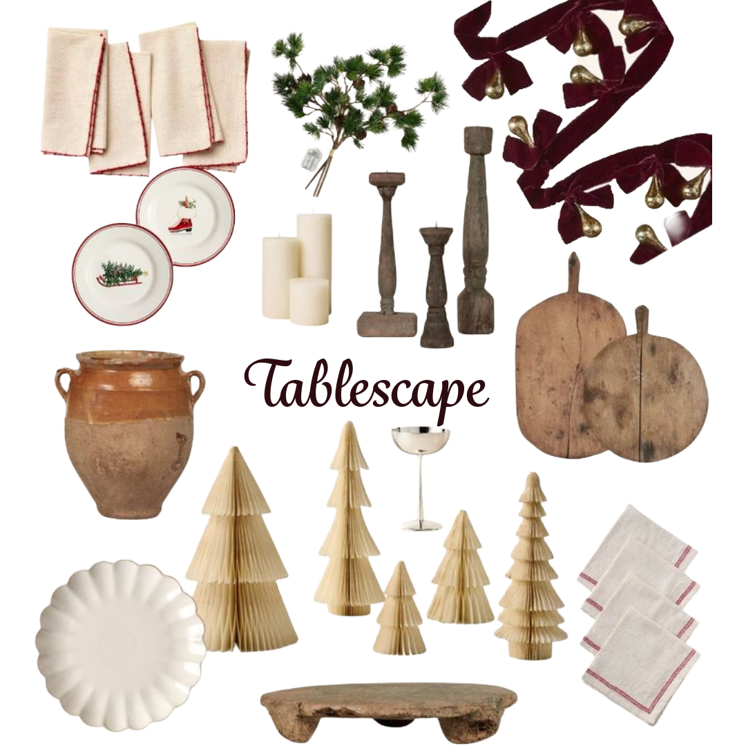 Cutout images of different holiday tablescape items includes velvet rope with gold bells, wooden bowls and plates, white plates, napkins, golden trees, and greenery. The text reads "Tablescape" in the center.