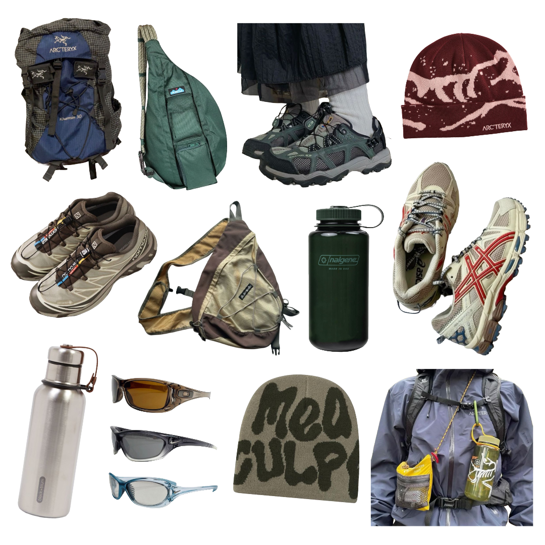 Cutout images of backpacks, fanny packs, water bottles, beanies, hiking boots, and sneakers,
