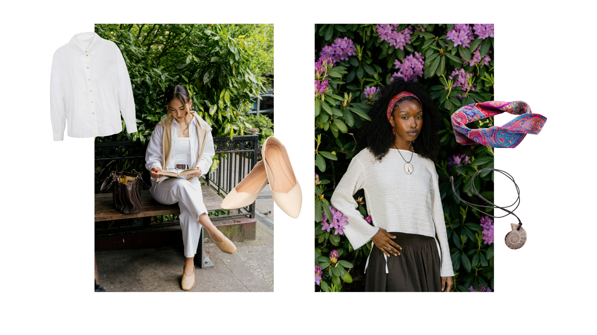 Image on the left of person on an outdoor bench reading a book wearing an all white outfit, cream sweater, and flat shoes. Image on the right of a person posing in front of flowers wearing a cream sweater, brown skirt, red headband, and necklace.