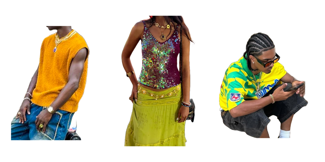 Cutout images of outfits including an orange knitted vest with denim jeans, a bright yellow skirt with a sparkly pink top, and a guy wear a bright yellow and green jersey with jorts.