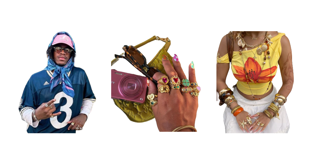 Cutout images of a guy wearing a pink baseball cap with sunglasses and a silk scarf around his head, a girl with a yellow top and lots of gold bangles and necklaces, and a hand with lots of gold rings holding a pink digital camera, brown sunglasses, and a green purse.