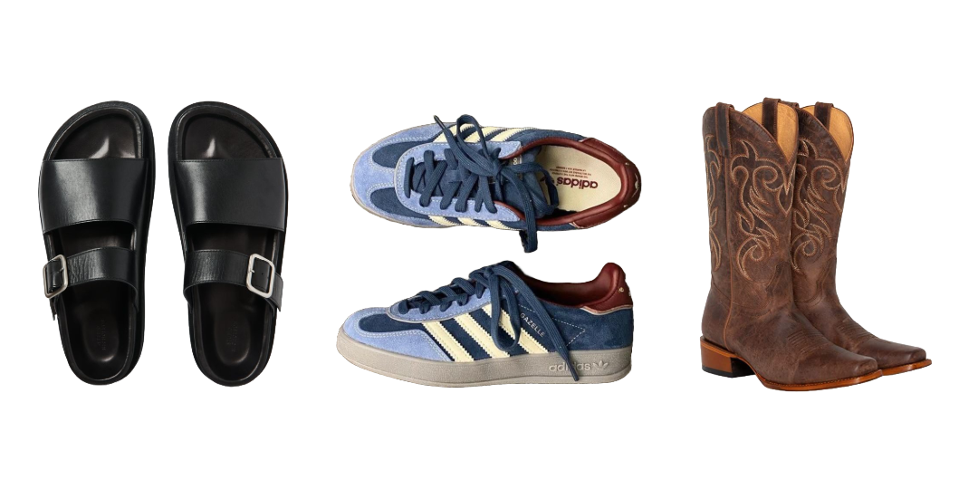 Cutout images of a pair of black sandals, light blue and navy blue sneakers with white stripes and red trim, and brown cowboy boots.