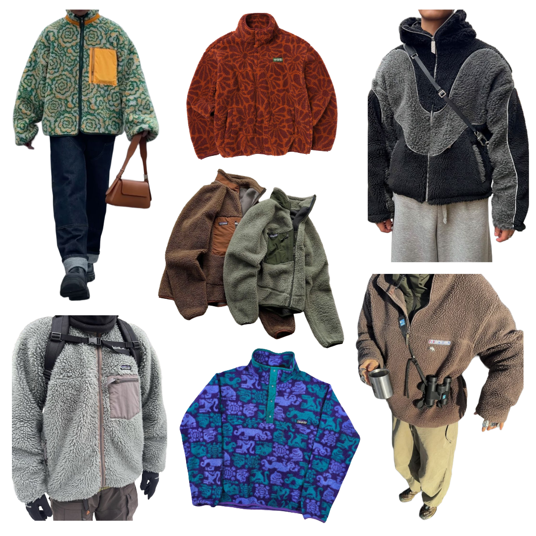 Cutout images of people wearing fleece jackets, pullovers, and quarter zips