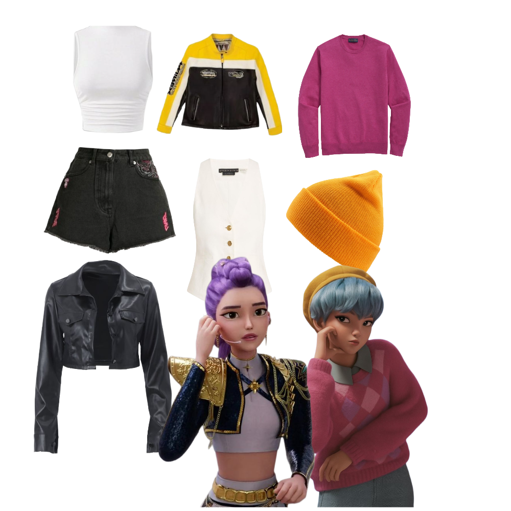 Cutout images of Rumi and Baby Saja from K-Pop Demon Hunters. In the background there are cutout images of a pink sweater, yellow beanie, white crop tops, black shorts, and yellow and black cropped leather jackets.