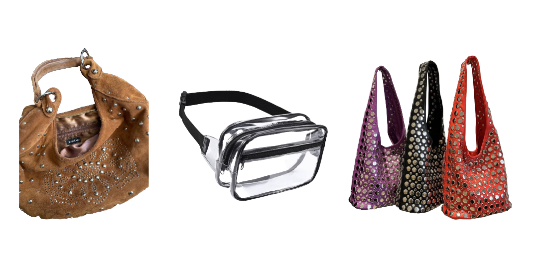 Cutout images of a brown suede purse with silver gems, a clear fanny pack, and a purple, black, and red tote bag with silver gems.