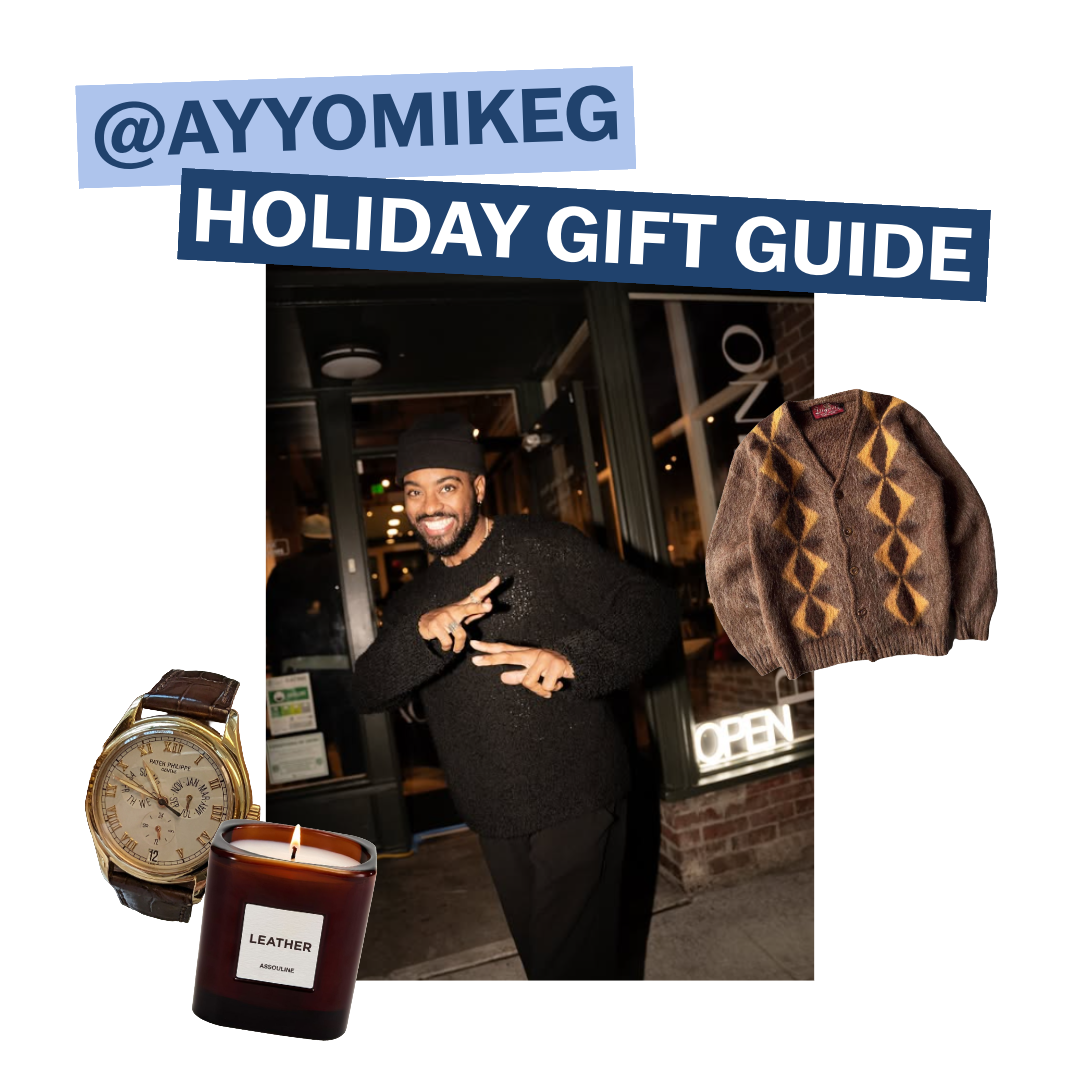 Text reads "@AYYOMIKE G HOLIDAY GIFT GUIDE". There is an image of Mike G posing with peace signs. There are cutout images of a watch, a candle, and a brown and orange sweater.