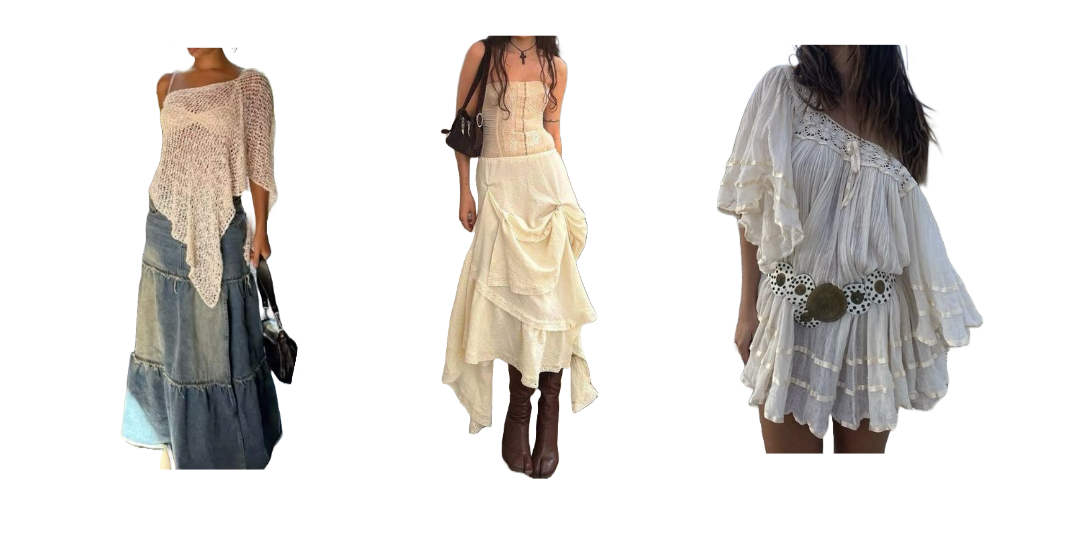 Cutout images of outfits including a flowy denim skirt and white top, a flowy white dress, and a white corset with a white layers skirt with boots.