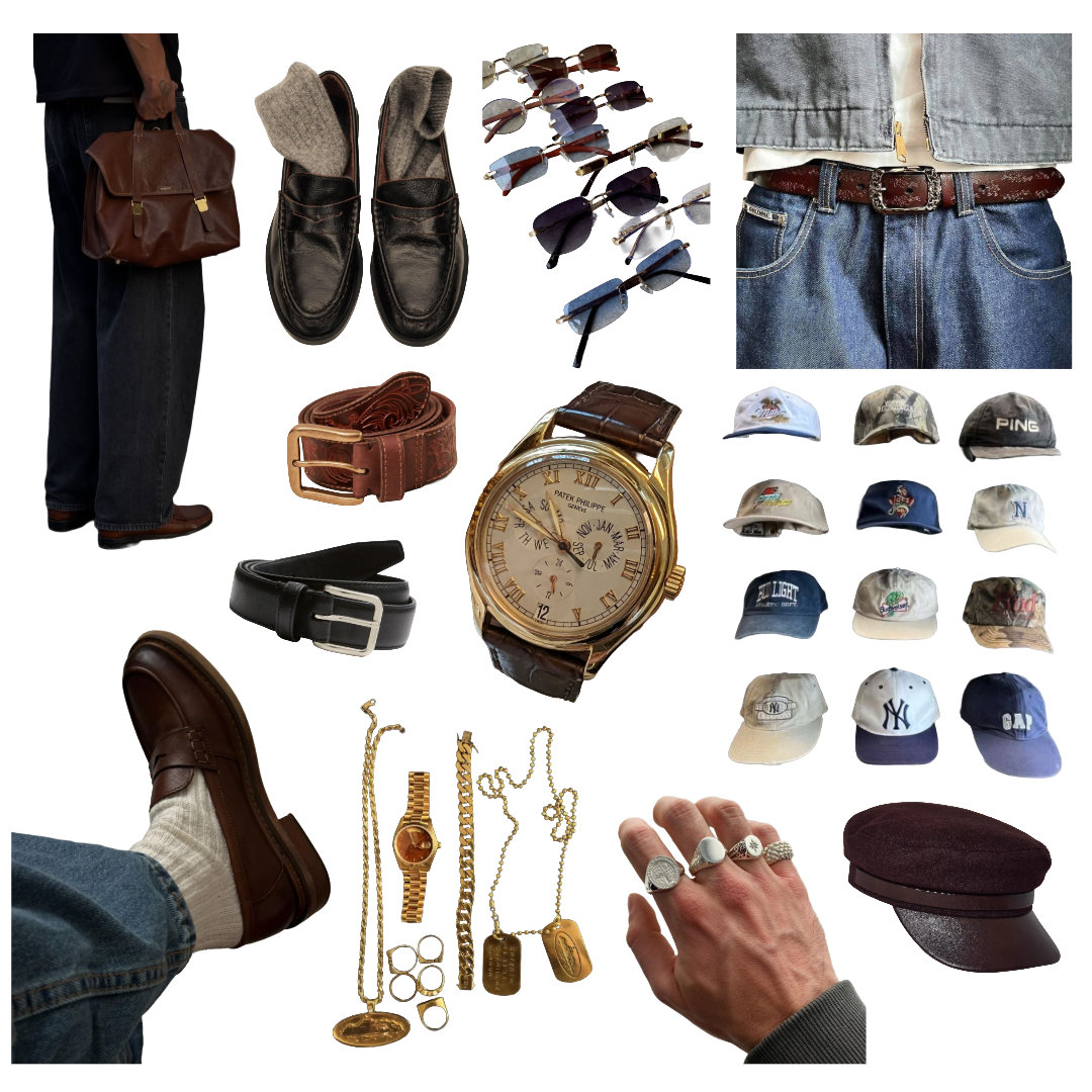 Cutout images of sunglasses, hats, belts, gold jewelry, rings on a hand, loafers, and a man holding a bag.
