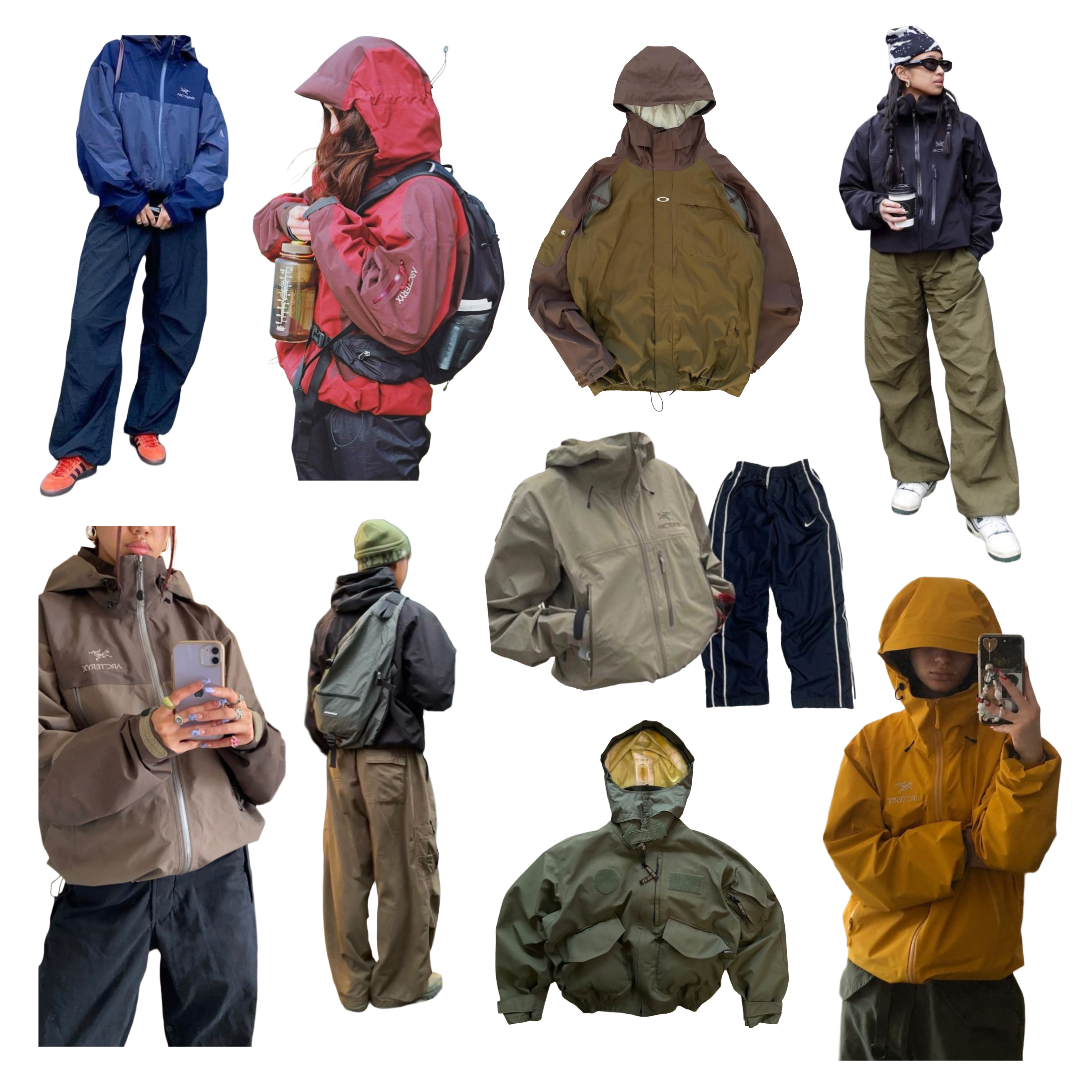 Cutout images of people wearing raincoat/windbreaker jackets and pants.